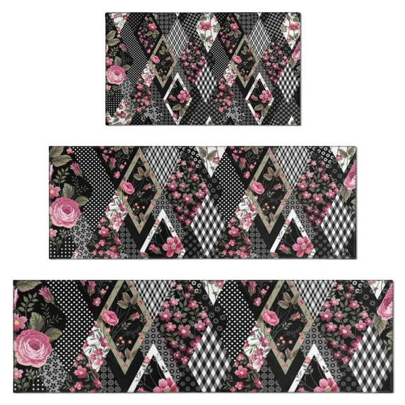 Pioneer Flower Floral Print Pattern Kitchen Rugs Sets Of 3,Kitchen Runner Rugs Non Skid Washable,Decorative Kitchen Floor Mats for Kitchen,Sink,Laundry,17"x30"+ 17"x47" + 17"x59"