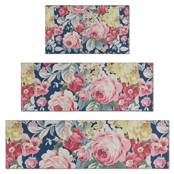 Pioneer Flower Floral Print Pattern Kitchen Rugs Sets Of 3,Kitchen Runner Rugs Non Skid Washable,Decorative Kitchen Floor Mats for Kitchen,Sink,Laundry,17"x30"+ 17"x47" + 17"x59"