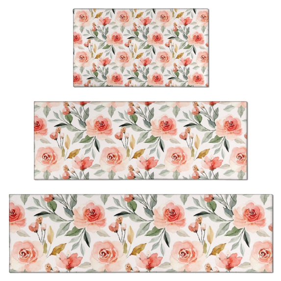 Pioneer Flower Floral Print Pattern Kitchen Rugs Sets Of 3,Kitchen Runner Rugs Non Skid Washable,Decorative Kitchen Floor Mats for Kitchen,Sink,Laundry,17"x30"+ 17"x47" + 17"x59"