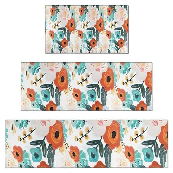 Pioneer Flower Floral Print Pattern Kitchen Rugs Sets Of 3,Kitchen Runner Rugs Non Skid Washable,Decorative Kitchen Floor Mats for Kitchen,Sink,Laundry,17"x30"+ 17"x47" + 17"x59"