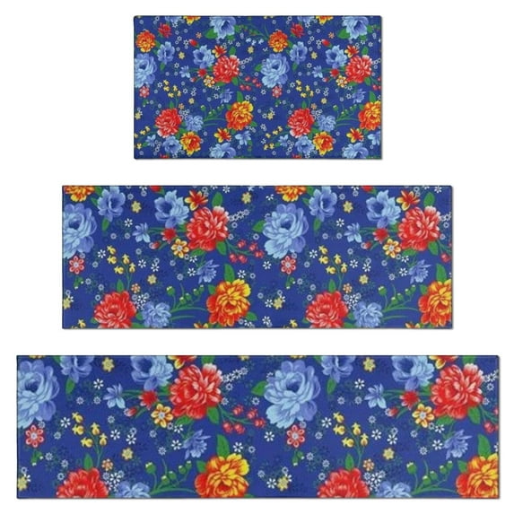 Pioneer Flower Floral Print Pattern Kitchen Rugs Sets Of 3,Kitchen Runner Rugs Non Skid Washable,Decorative Kitchen Floor Mats for Kitchen,Sink,Laundry,17"x30"+ 17"x47" + 17"x59"