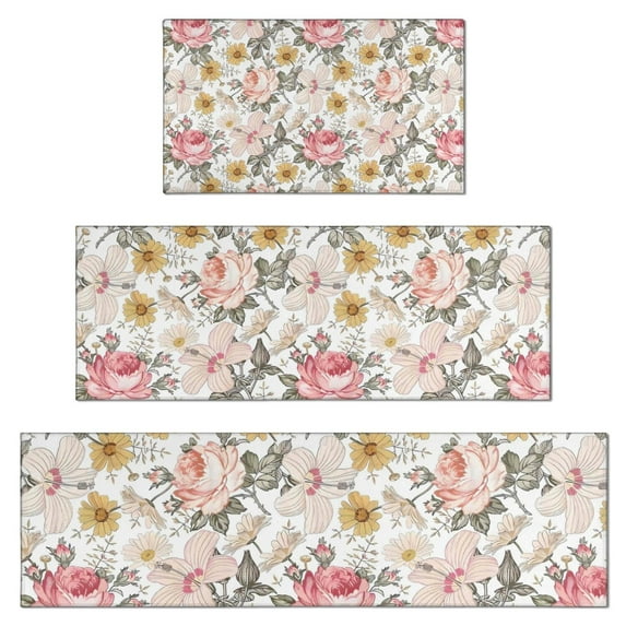 Pioneer Flower Floral Print Pattern Kitchen Rugs Sets Of 3,Kitchen Runner Rugs Non Skid Washable,Decorative Kitchen Floor Mats for Kitchen,Sink,Laundry,17"x30"+ 17"x47" + 17"x59"
