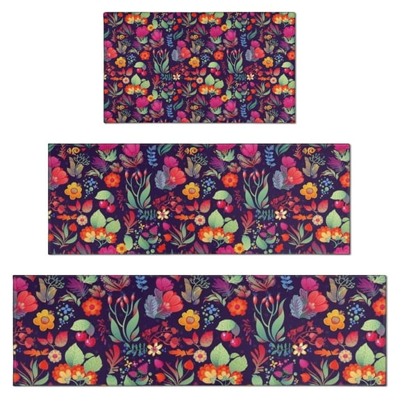 Pioneer Flower Floral Print Pattern Kitchen Rugs Sets Of 3,Kitchen Runner Rugs Non Skid Washable,Decorative Kitchen Floor Mats for Kitchen,Sink,Laundry,17"x30"+ 17"x47" + 17"x59"