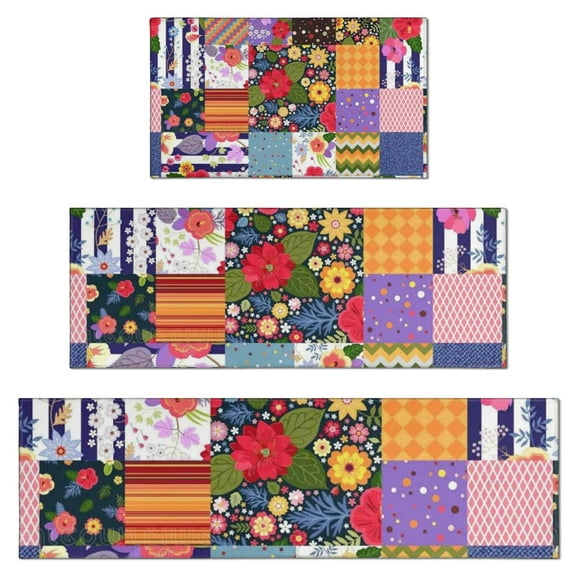 Pioneer Flower Floral Print Pattern Kitchen Rugs Sets Of 3,Kitchen Runner Rugs Non Skid Washable,Decorative Kitchen Floor Mats for Kitchen,Sink,Laundry,17"x30"+ 17"x47" + 17"x59"