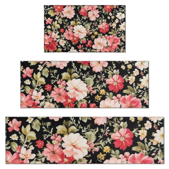 Pioneer Flower Floral Print Pattern Kitchen Rugs Sets Of 3,Kitchen Runner Rugs Non Skid Washable,Decorative Kitchen Floor Mats for Kitchen,Sink,Laundry,17"x30"+ 17"x47" + 17"x59"