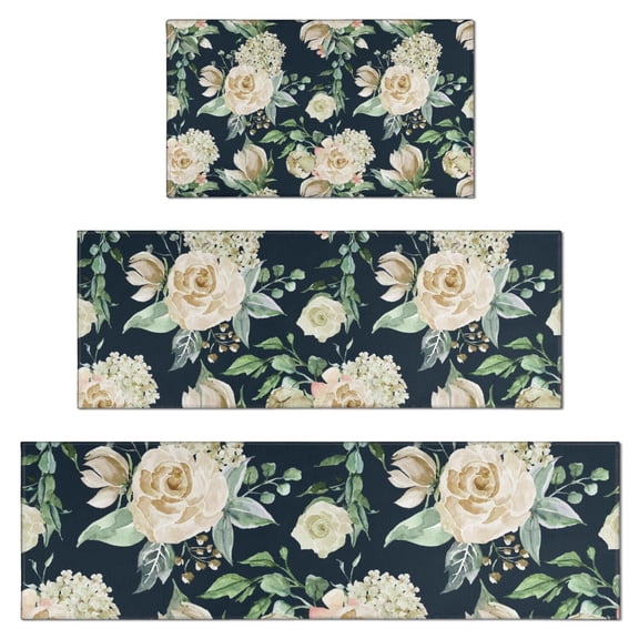 Pioneer Flower Floral Print Pattern Kitchen Rugs Sets Of 3,Kitchen Runner Rugs Non Skid Washable,Decorative Kitchen Floor Mats for Kitchen,Sink,Laundry,17"x30"+ 17"x47" + 17"x59"