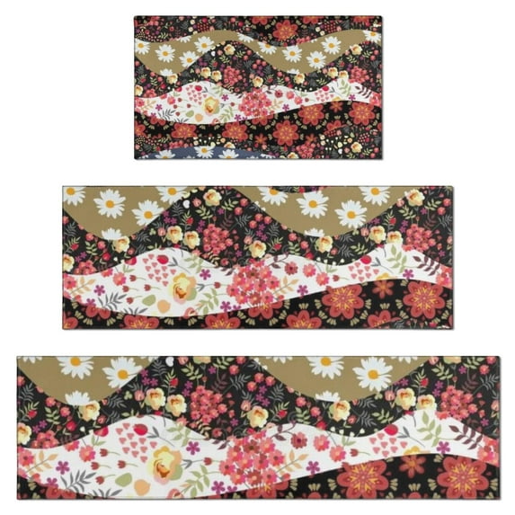 Pioneer Flower Floral Print Pattern Kitchen Rugs Sets Of 3,Kitchen Runner Rugs Non Skid Washable,Decorative Kitchen Floor Mats for Kitchen,Sink,Laundry,17"x30"+ 17"x47" + 17"x59"