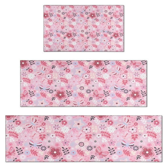 Pioneer Flower Floral Print Pattern Kitchen Rugs Sets Of 3,Kitchen Runner Rugs Non Skid Washable,Decorative Kitchen Floor Mats for Kitchen,Sink,Laundry,17"x30"+ 17"x47" + 17"x59"