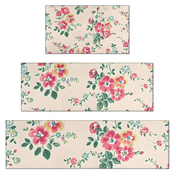 Pioneer Flower Floral Print Pattern Kitchen Rugs Sets Of 3,Kitchen Runner Rugs Non Skid Washable,Decorative Kitchen Floor Mats for Kitchen,Sink,Laundry,17"x30"+ 17"x47" + 17"x59"