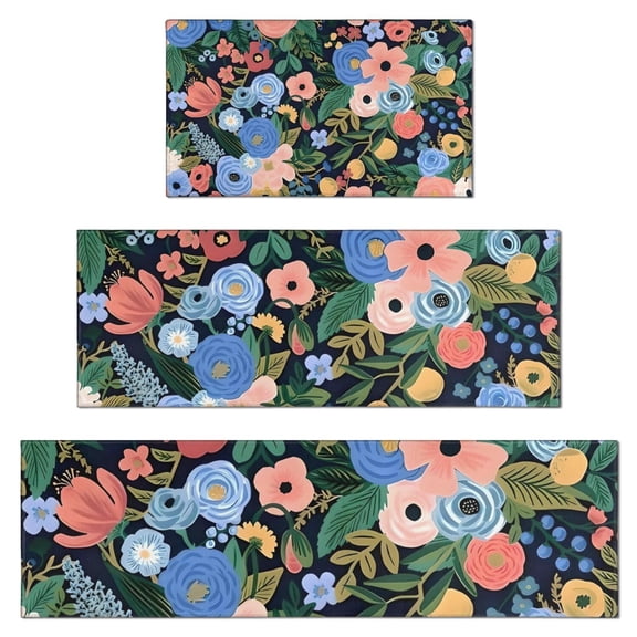 Pioneer Flower Floral Print Pattern Kitchen Rugs Sets Of 3,Kitchen Runner Rugs Non Skid Washable,Decorative Kitchen Floor Mats for Kitchen,Sink,Laundry,17"x30"+ 17"x47" + 17"x59"