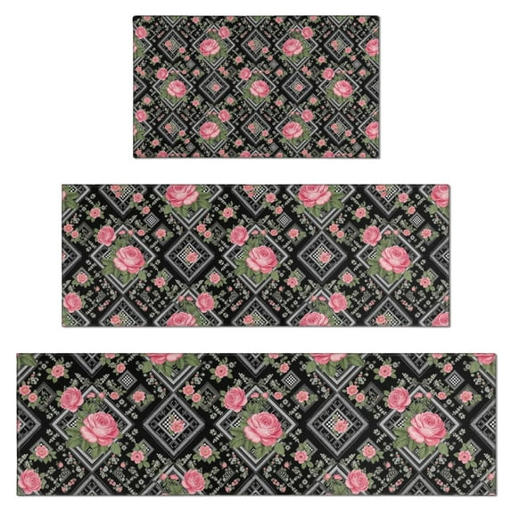 Pioneer Flower Floral Print Pattern Kitchen Rugs Sets Of 3,Kitchen Runner Rugs Non Skid Washable,Decorative Kitchen Floor Mats for Kitchen,Sink,Laundry,17X30 Inch + 17X47 Inch + 17X59 Inch