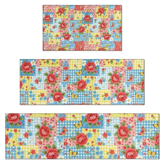 Pioneer Flower Floral Print Pattern Kitchen Rugs Sets Of 3,Kitchen Runner Rugs Non Skid Washable,Decorative Kitchen Floor Mats for Kitchen,Sink,Laundry,17X30 Inch + 17X47 Inch + 17X59 Inch