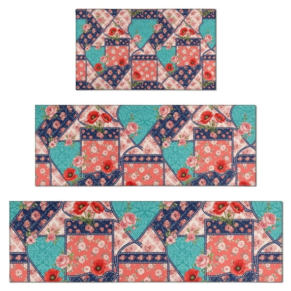 Pioneer Flower Floral Print Pattern Kitchen Rugs Sets Of 3,Kitchen Runner Rugs Non Skid Washable,Decorative Kitchen Floor Mats for Kitchen,Sink,Laundry,17X30 Inch + 17X47 Inch + 17X59 Inch