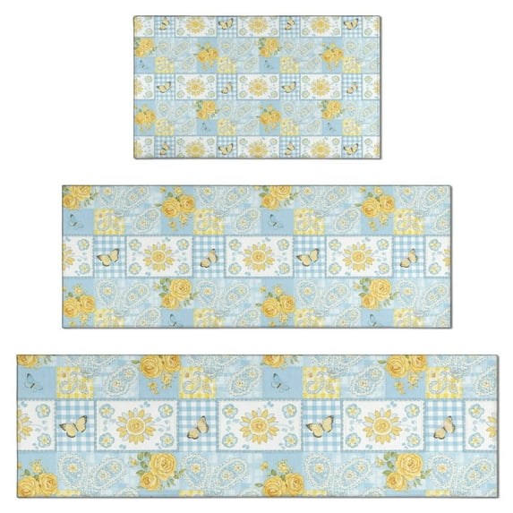 Pioneer Flower Floral Print Pattern Kitchen Rugs Sets Of 3,Kitchen Runner Rugs Non Skid Washable,Decorative Kitchen Floor Mats for Kitchen,Sink,Laundry,17X30 Inch + 17X47 Inch + 17X59 Inch