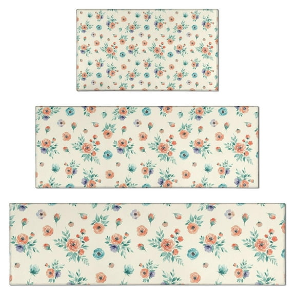 Pioneer Flower Floral Print Pattern Kitchen Rugs Sets Of 3,Kitchen Runner Rugs Non Skid Washable,Decorative Kitchen Floor Mats for Kitchen,Sink,Laundry,17X30 Inch + 17X47 Inch + 17X59 Inch