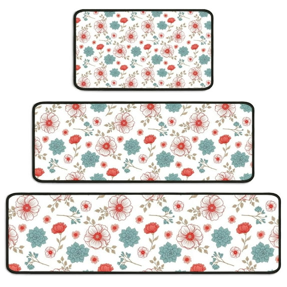 Pioneer Flower Floral Print Pattern Kitchen Rugs Sets Of 3,Kitchen Runner Rugs Non Skid Washable,Decorative Kitchen Floor Mats for Kitchen,Sink,Laundry,17X30 Inch + 17X47 Inch + 17X59 Inch
