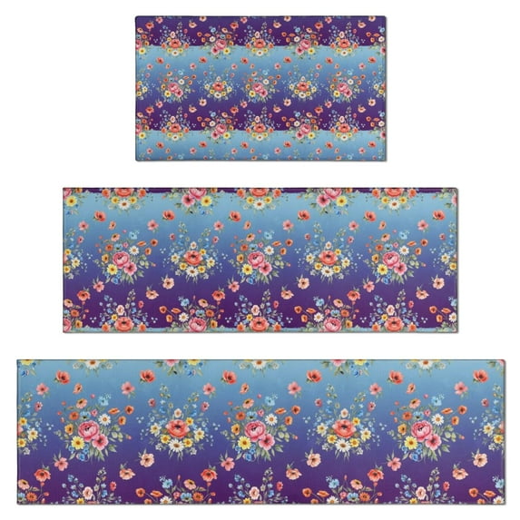 Pioneer Flower Floral Print Pattern Kitchen Rugs Sets Of 3,Kitchen Runner Rugs Non Skid Washable,Decorative Kitchen Floor Mats for Kitchen,Sink,Laundry,17X30 Inch + 17X47 Inch + 17X59 Inch
