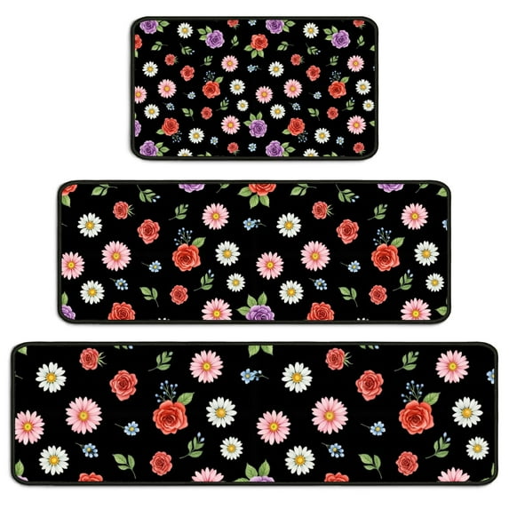 Pioneer Flower Floral Print Pattern Kitchen Rugs Sets Of 3,Kitchen Runner Rugs Non Skid Washable,Decorative Kitchen Floor Mats for Kitchen,Sink,Laundry,17X30 Inch + 17X47 Inch + 17X59 Inch