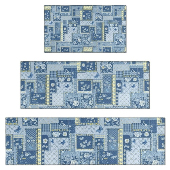 Pioneer Flower Floral Print Pattern Kitchen Rugs Sets Of 3,Kitchen Runner Rugs Non Skid Washable,Decorative Kitchen Floor Mats for Kitchen,Sink,Laundry,17X30 Inch + 17X47 Inch + 17X59 Inch