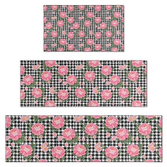 Pioneer Flower Floral Print Pattern Kitchen Rugs Sets Of 3,Kitchen Runner Rugs Non Skid Washable,Decorative Kitchen Floor Mats for Kitchen,Sink,Laundry,17X30 Inch + 17X47 Inch + 17X59 Inch