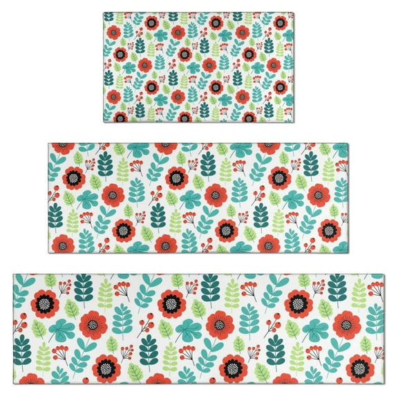Pioneer Flower Floral Print Pattern Kitchen Rugs Sets Of 3,Kitchen Runner Rugs Non Skid Washable,Decorative Kitchen Floor Mats for Kitchen,Sink,Laundry,17X30 Inch + 17X47 Inch + 17X59 Inch
