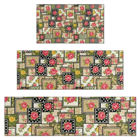 Pioneer Flower Floral Print Pattern Kitchen Rugs Sets Of 3,Kitchen Runner Rugs Non Skid Washable,Decorative Kitchen Floor Mats for Kitchen,Sink,Laundry,17X30 Inch + 17X47 Inch + 17X59 Inch