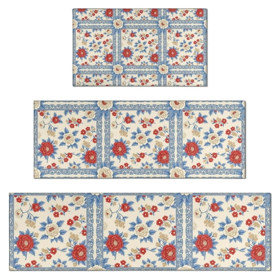 Pioneer Flower Floral Print Pattern Kitchen Rugs Sets Of 3,Kitchen Runner Rugs Non Skid Washable,Decorative Kitchen Floor Mats for Kitchen,Sink,Laundry,17X30 Inch + 17X47 Inch + 17X59 Inch