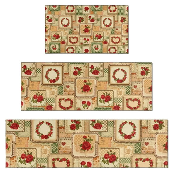 Pioneer Flower Floral Print Pattern Kitchen Rugs Sets Of 3,Kitchen Runner Rugs Non Skid Washable,Decorative Kitchen Floor Mats for Kitchen,Sink,Laundry,17X30 Inch + 17X47 Inch + 17X59 Inch