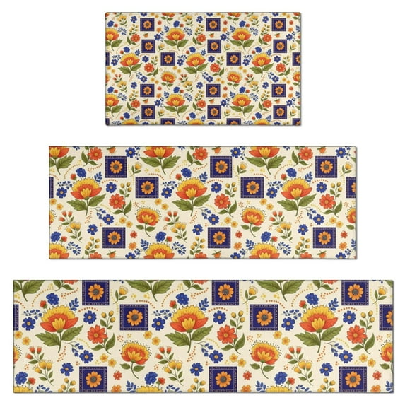 Pioneer Flower Floral Print Pattern Kitchen Rugs Sets Of 3,Kitchen Runner Rugs Non Skid Washable,Decorative Kitchen Floor Mats for Kitchen,Sink,Laundry,17X30 Inch + 17X47 Inch + 17X59 Inch