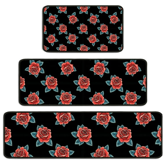 Pioneer Flower Floral Print Pattern Kitchen Rugs Sets Of 3,Kitchen Runner Rugs Non Skid Washable,Decorative Kitchen Floor Mats for Kitchen,Sink,Laundry,17X30 Inch + 17X47 Inch + 17X59 Inch