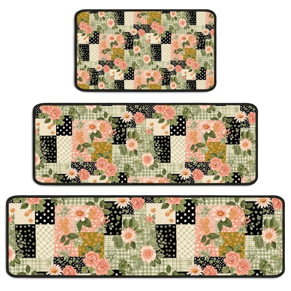 Pioneer Flower Floral Print Pattern Kitchen Rugs Sets Of 3,Kitchen Runner Rugs Non Skid Washable,Decorative Kitchen Floor Mats for Kitchen,Sink,Laundry,17X30 Inch + 17X47 Inch + 17X59 Inch