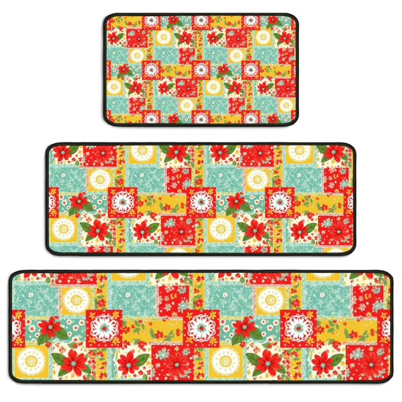 Pioneer Flower Floral Print Pattern Kitchen Rugs Sets Of 3,Kitchen Runner Rugs Non Skid Washable,Decorative Kitchen Floor Mats for Kitchen,Sink,Laundry,17X30 Inch + 17X47 Inch + 17X59 Inch