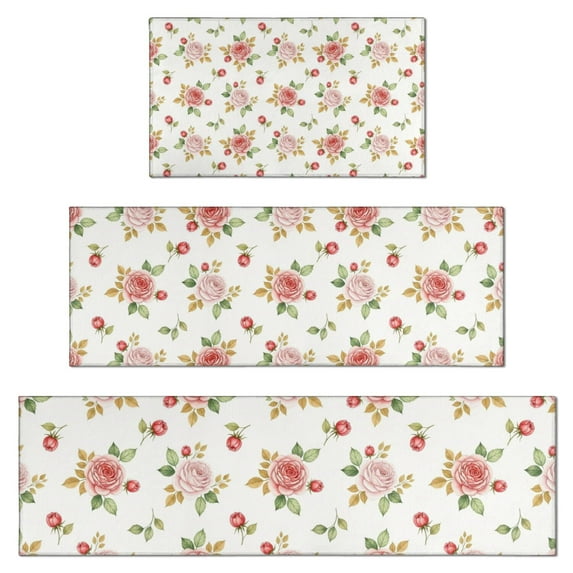Pioneer Flower Floral Print Pattern Kitchen Rugs Sets Of 3,Kitchen Runner Rugs Non Skid Washable,Decorative Kitchen Floor Mats for Kitchen,Sink,Laundry,17X30 Inch + 17X47 Inch + 17X59 Inch