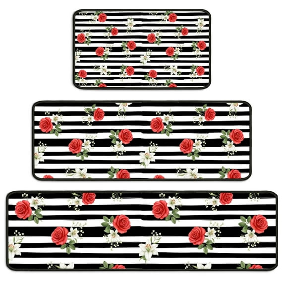 Pioneer Flower Floral Print Pattern Kitchen Rugs Sets Of 3,Kitchen Runner Rugs Non Skid Washable,Decorative Kitchen Floor Mats for Kitchen,Sink,Laundry,17X30 Inch + 17X47 Inch + 17X59 Inch