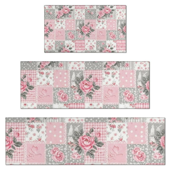 Pioneer Flower Floral Print Pattern Kitchen Rugs Sets Of 3,Kitchen Runner Rugs Non Skid Washable,Decorative Kitchen Floor Mats for Kitchen,Sink,Laundry,17X30 Inch + 17X47 Inch + 17X59 Inch