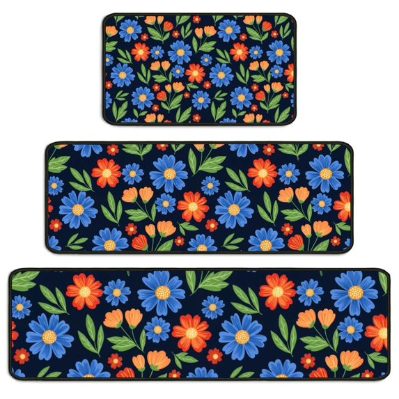 Pioneer Flower Floral Print Pattern Kitchen Rugs Sets Of 3,Kitchen Runner Rugs Non Skid Washable,Decorative Kitchen Floor Mats for Kitchen,Sink,Laundry,17X30 Inch + 17X47 Inch + 17X59 Inch