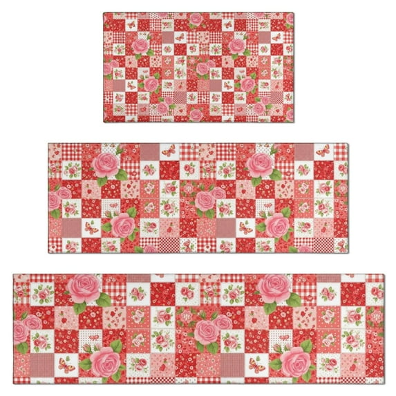 Pioneer Flower Floral Print Pattern Kitchen Rugs Sets Of 3,Kitchen Runner Rugs Non Skid Washable,Decorative Kitchen Floor Mats for Kitchen,Sink,Laundry,17X30 Inch + 17X47 Inch + 17X59 Inch