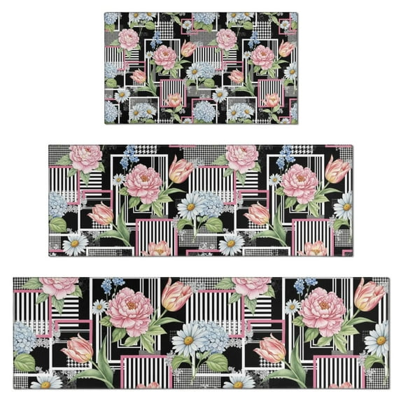 Pioneer Flower Floral Print Pattern Kitchen Rugs Sets Of 3,Kitchen Runner Rugs Non Skid Washable,Decorative Kitchen Floor Mats for Kitchen,Sink,Laundry,17X30 Inch + 17X47 Inch + 17X59 Inch