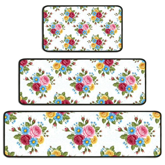 Pioneer Flower Floral Print Pattern Kitchen Rugs Sets Of 3,Kitchen Runner Rugs Non Skid Washable,Decorative Kitchen Floor Mats for Kitchen,Sink,Laundry,17X30 Inch + 17X47 Inch + 17X59 Inch