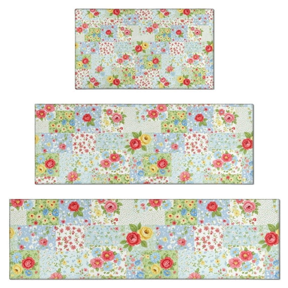 Pioneer Flower Floral Print Pattern Kitchen Rugs Sets Of 3,Kitchen Runner Rugs Non Skid Washable,Decorative Kitchen Floor Mats for Kitchen,Sink,Laundry,17X30 Inch + 17X47 Inch + 17X59 Inch