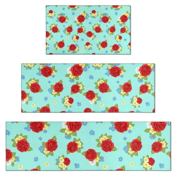 Pioneer Flower Floral Print Pattern Kitchen Rugs Sets Of 3,Kitchen Runner Rugs Non Skid Washable,Decorative Kitchen Floor Mats for Kitchen,Sink,Laundry,17X30 Inch + 17X47 Inch + 17X59 Inch