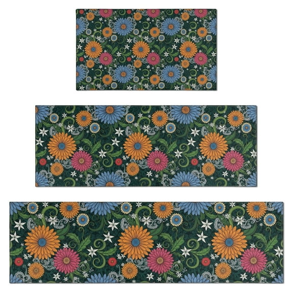 Pioneer Flower Floral Print Pattern Kitchen Rugs Sets Of 3,Kitchen Runner Rugs Non Skid Washable,Decorative Kitchen Floor Mats for Kitchen,Sink,Laundry,17X30 Inch + 17X47 Inch + 17X59 Inch