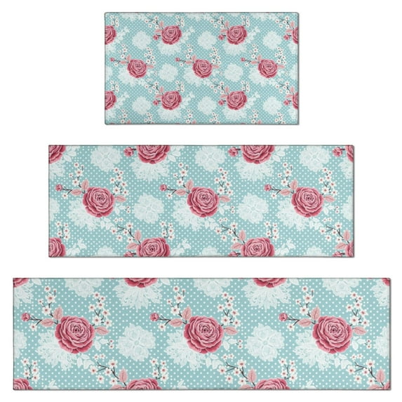 Pioneer Flower Floral Print Pattern Kitchen Rugs Sets Of 3,Kitchen Runner Rugs Non Skid Washable,Decorative Kitchen Floor Mats for Kitchen,Sink,Laundry,17X30 Inch + 17X47 Inch + 17X59 Inch