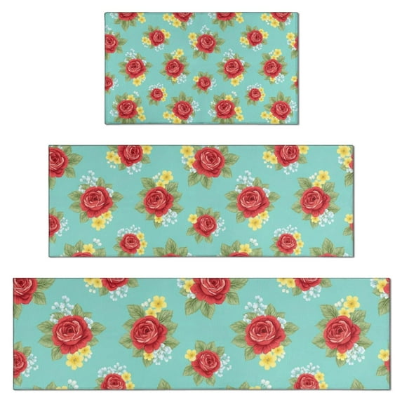 Pioneer Flower Floral Print Pattern Kitchen Rugs Sets Of 3,Kitchen Runner Rugs Non Skid Washable,Decorative Kitchen Floor Mats for Kitchen,Sink,Laundry,17X30 Inch + 17X47 Inch + 17X59 Inch