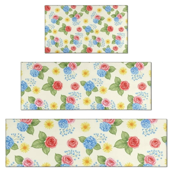 Pioneer Flower Floral Print Pattern Kitchen Rugs Sets Of 3,Kitchen Runner Rugs Non Skid Washable,Decorative Kitchen Floor Mats for Kitchen,Sink,Laundry,17X30 Inch + 17X47 Inch + 17X59 Inch