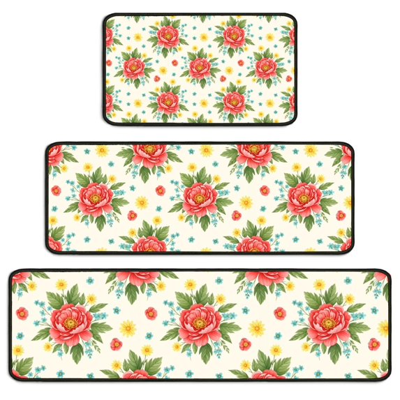 Pioneer Flower Floral Print Pattern Kitchen Rugs Sets Of 3,Kitchen Runner Rugs Non Skid Washable,Decorative Kitchen Floor Mats for Kitchen,Sink,Laundry,17X30 Inch + 17X47 Inch + 17X59 Inch