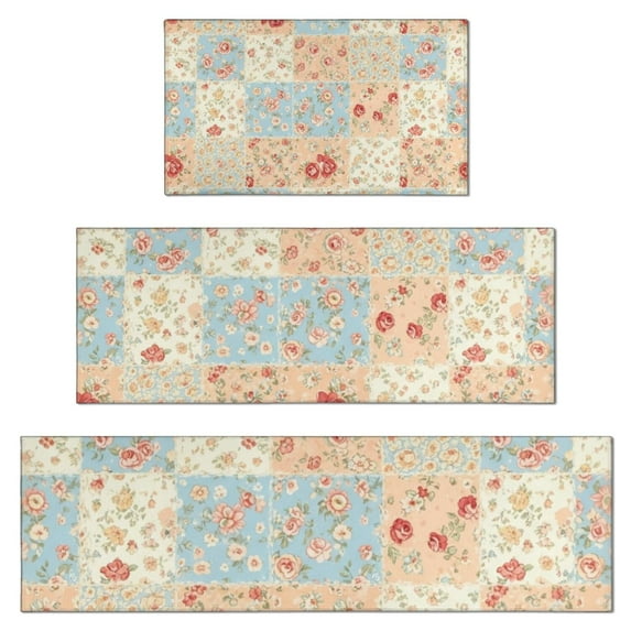 Pioneer Flower Floral Print Pattern Kitchen Rugs Sets Of 3,Kitchen Runner Rugs Non Skid Washable,Decorative Kitchen Floor Mats for Kitchen,Sink,Laundry,17X30 Inch + 17X47 Inch + 17X59 Inch