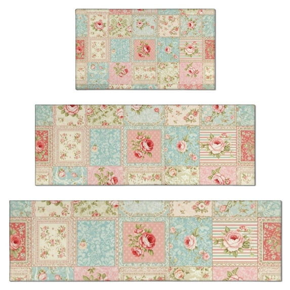 Pioneer Flower Floral Print Pattern Kitchen Rugs Sets Of 3,Kitchen Runner Rugs Non Skid Washable,Decorative Kitchen Floor Mats for Kitchen,Sink,Laundry,17X30 Inch + 17X47 Inch + 17X59 Inch