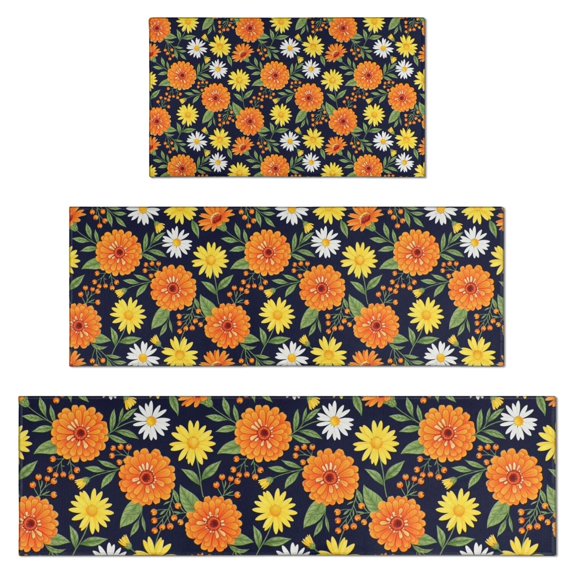 Pioneer Flower Floral Print Pattern Kitchen Rugs Sets Of 3,Kitchen Runner Rugs Non Skid Washable,Decorative Kitchen Floor Mats for Kitchen,Sink,Laundry,17X30 Inch + 17X47 Inch + 17X59 Inch