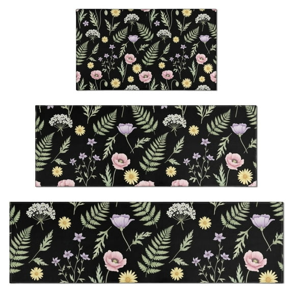 Pioneer Flower Floral Print Pattern Kitchen Rugs Sets Of 3,Kitchen Runner Rugs Non Skid Washable,Decorative Kitchen Floor Mats for Kitchen,Sink,Laundry,17X30 Inch + 17X47 Inch + 17X59 Inch